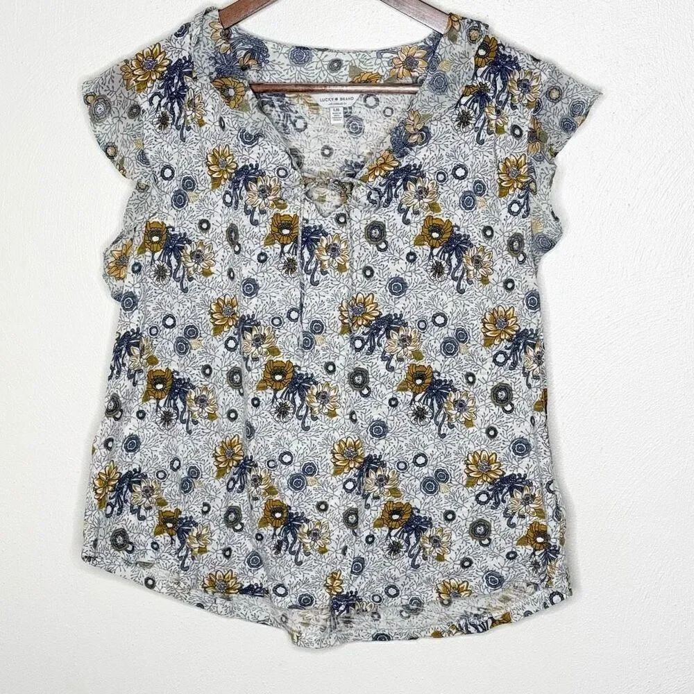 Lucky Brand Yellow Blue Floral Blouse Keyhole Flutter Sleeve - Women’s US L